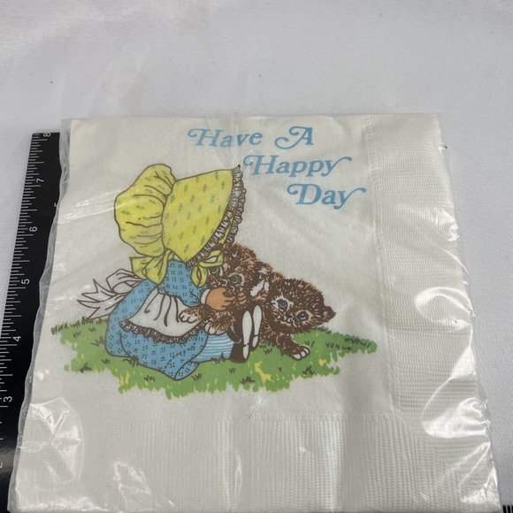 GRACELINE Luncheon Napkins Open 25 “Have A Happy Day” Girl With Kittens VINTAGE - Picture 9 of 9